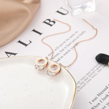 Titanium Stainless Steel Roman Round AAA+ Zircon Ear Line Rose Gold Long Tassel Earrings - The Jewellery Supermarket